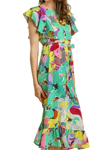 Floral Print Round Neck Short Ruffle Sleeves Maxi Dress
