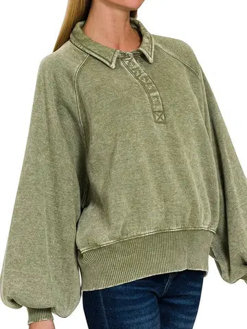 Acid Wash Fleece Button Up Collared Pullover