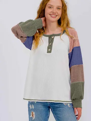 Color Block Raglan Sleeve Button Front Top