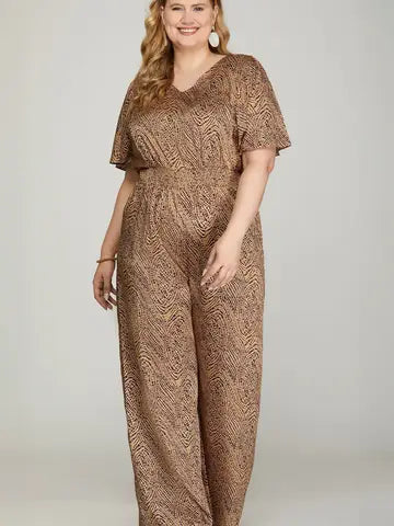 Plus Flounce Sleeve Waist Smock Wide Leg Jumpsuit