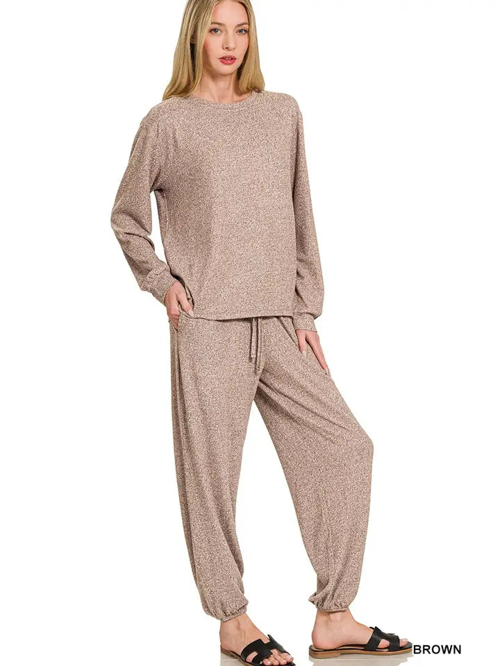 Soft Melange Hacci Long Slv Top And Joggers Set