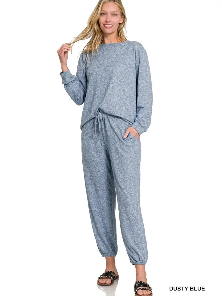 Soft Melange Hacci Long Slv Top And Joggers Set