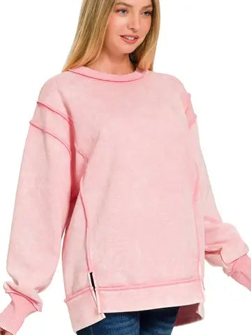 Acid Wash Exposed-seam Fleece Sweatshirt