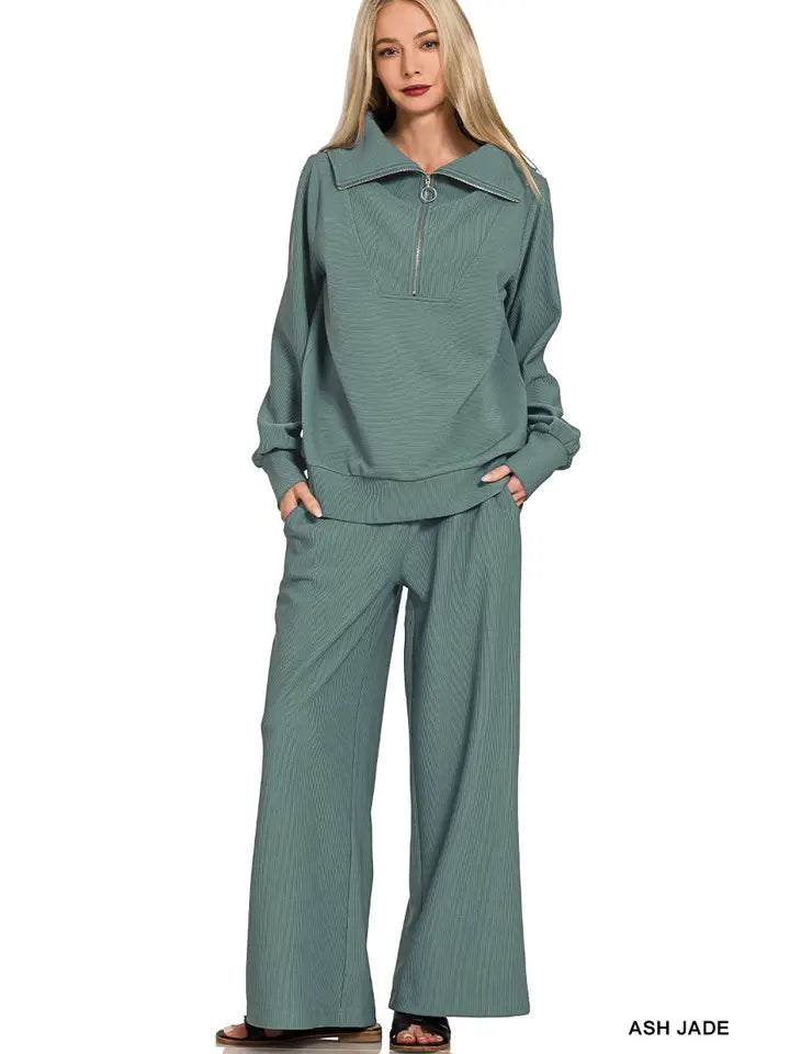 Ribbed High Neck Half Zip Pullover and Pants Set