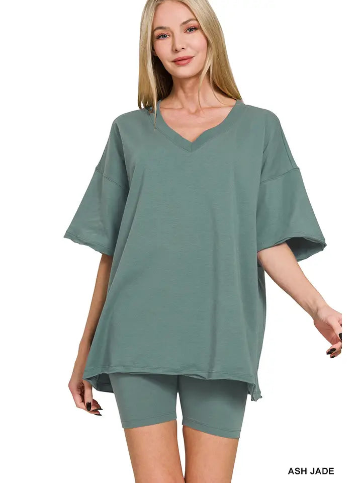 Cotton V-Neck Top and Biker Shorts Set