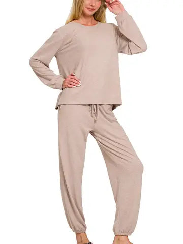 Soft Melange Hacci Long Slv Top And Joggers Set
