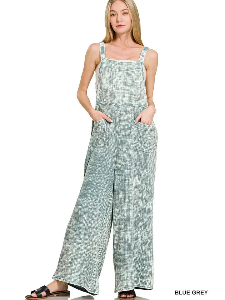 Washed Double Gauze Elastic Waist Wide Overalls