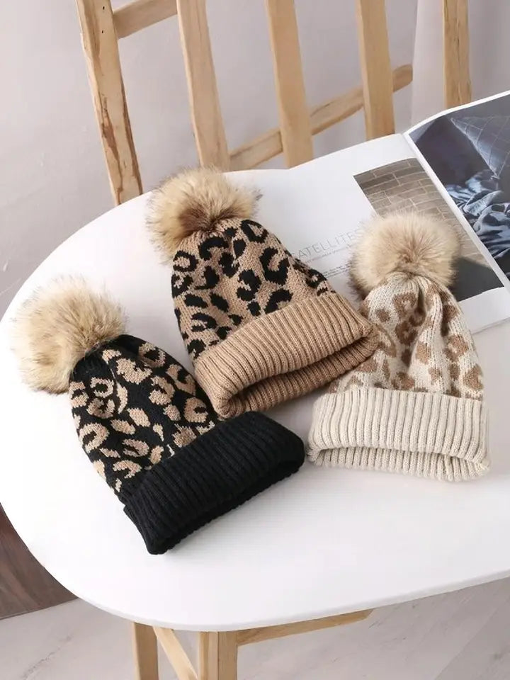 Leopard Pattern Knit Pom Pom Beanie