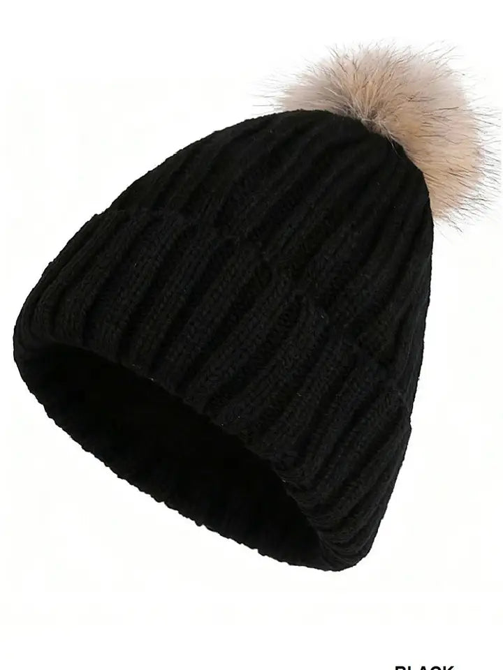 Ribbed Knitted Pom Pom Beanie
