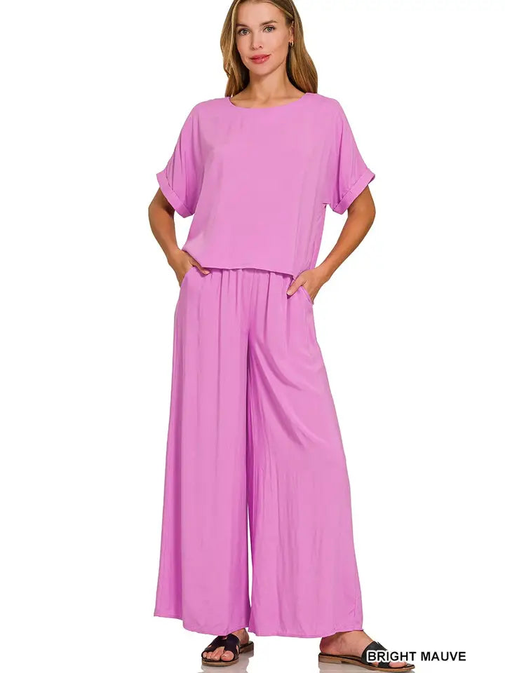 Woven Short Sleeve Long Pants Set