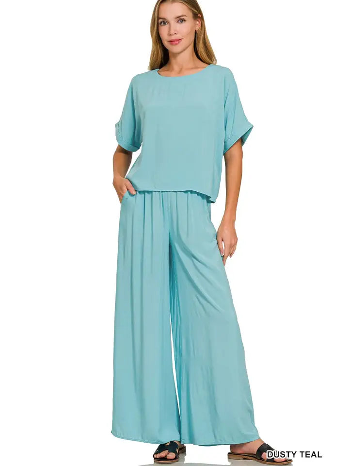 Woven Short Sleeve Long Pants Set