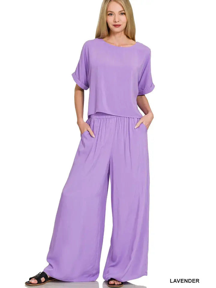 Woven Short Sleeve Long Pants Set