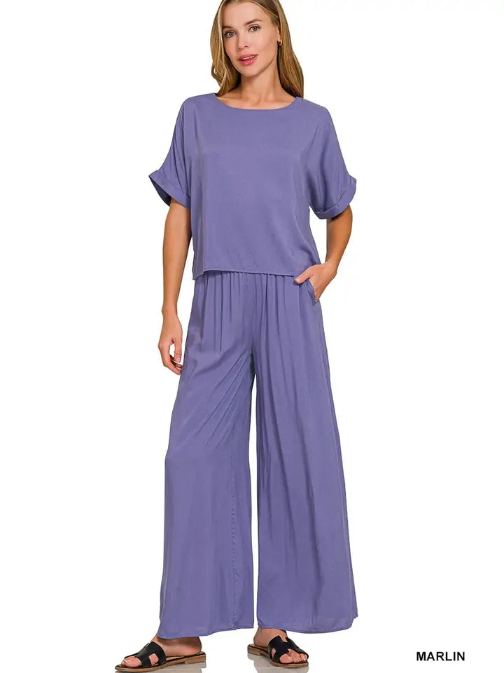 Woven Short Sleeve Long Pants Set