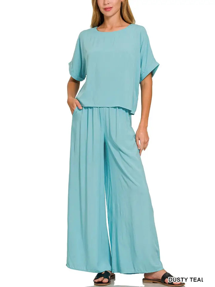 Woven Short Sleeve Long Pants Set