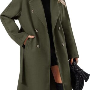 Women Elegant Wool Pea Coat Lapel Collar Double Breasted Mid-Long Winter Overcoats with Belted Pockets