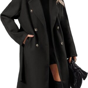 Women Elegant Wool Pea Coat Lapel Collar Double Breasted Mid-Long Winter Overcoats with Belted Pockets