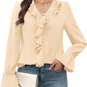 Women's Long Sleeve Tops Dressy Casual V Neck Ruffle Tunic Chiffon Blouse Fall Trendy Work Shirts
