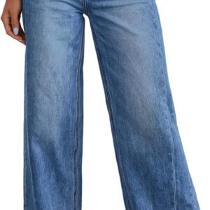 Women's Wide Leg Jeans High Waisted Stretchy Raw Hem  Denim Pants