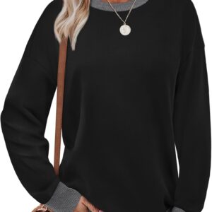 Sweatshirts for Women Crewneck Long Sleeve Loose Fit Tops Color Block Ribbed Trim Fashion
