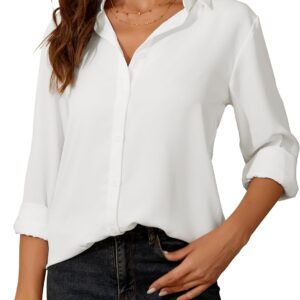Womens Button Down Shirt Long Sleeve Classic Collared Tops Work Office Casual Chiffon Blouse