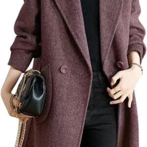 Women's Notch Lapel Herringbone Wool Coat Formal Office Work Double Breasted Winter Pea Coat