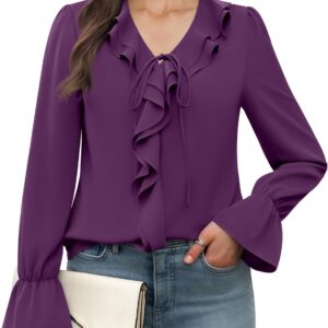 Women's Long Sleeve Tops Dressy Casual V Neck Ruffle Tunic Chiffon Blouse Fall Trendy Work Shirts
