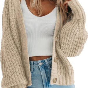 Women Chunky Knit Open Front Sweater Long Sleeve Button Loose Short Cardigan Outerwear Coats