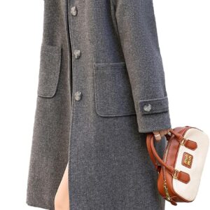 Women's Round neck Single row Breasted Wool Blend Mid Long Pea Trench Coat Wool coat