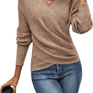 Women V Neck Long Sleeve Off Shoulder Sweaters Criss Cross Wrap Ruched Pullover Fall Tops