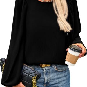 Womens Tops  Spring Puff Long Sleeve Chiffon Work Blouses Dressy Casual Crewneck Flowy Shirts Fall Outfits